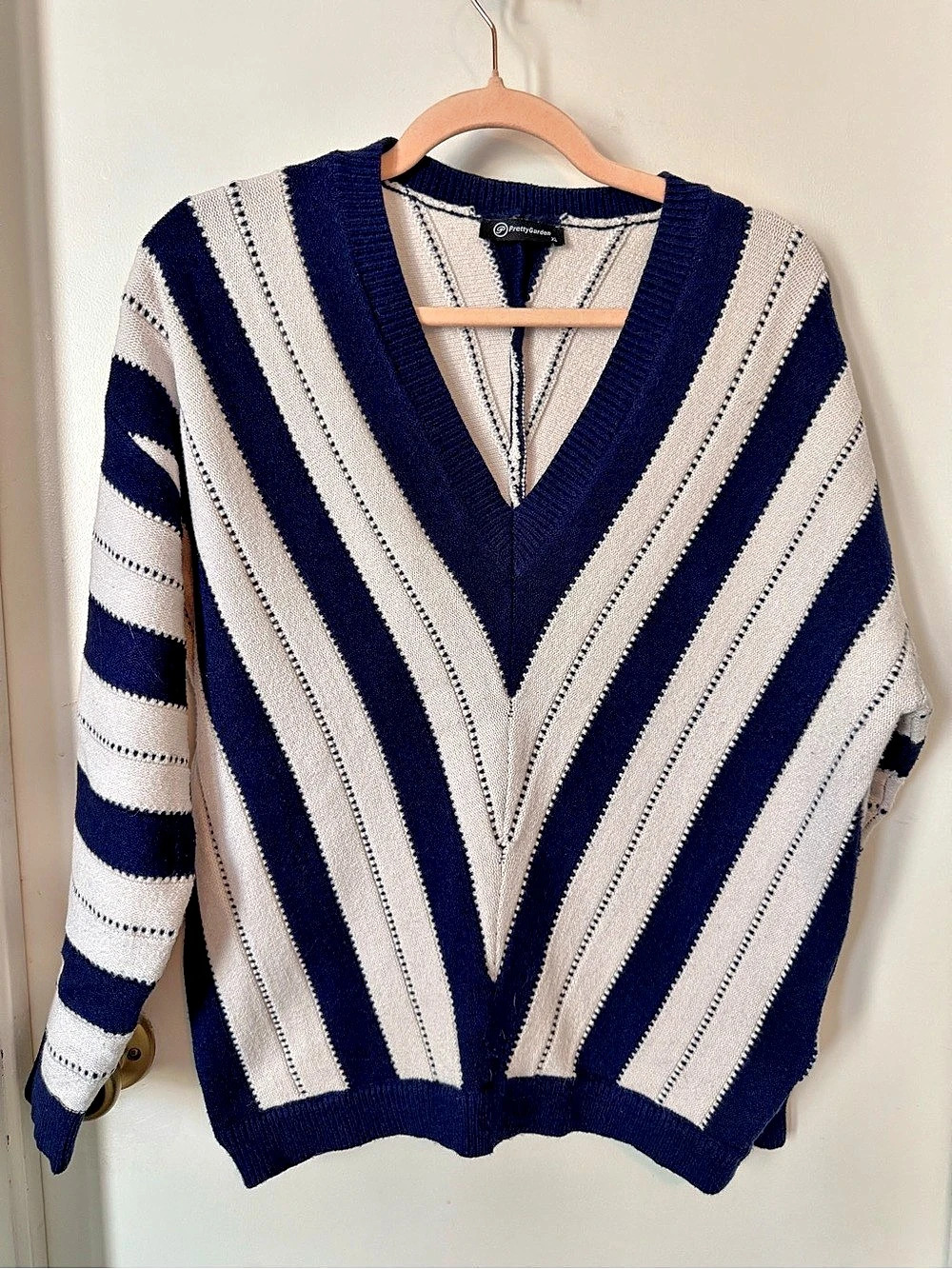 PrettyGarden Striped V-Neck Sweater in Blue & Cream XL